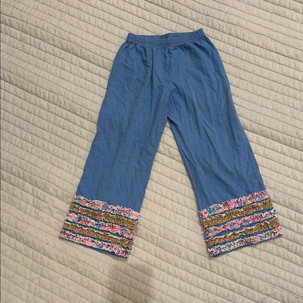 Floral Trim Blue Kids Casual Pants